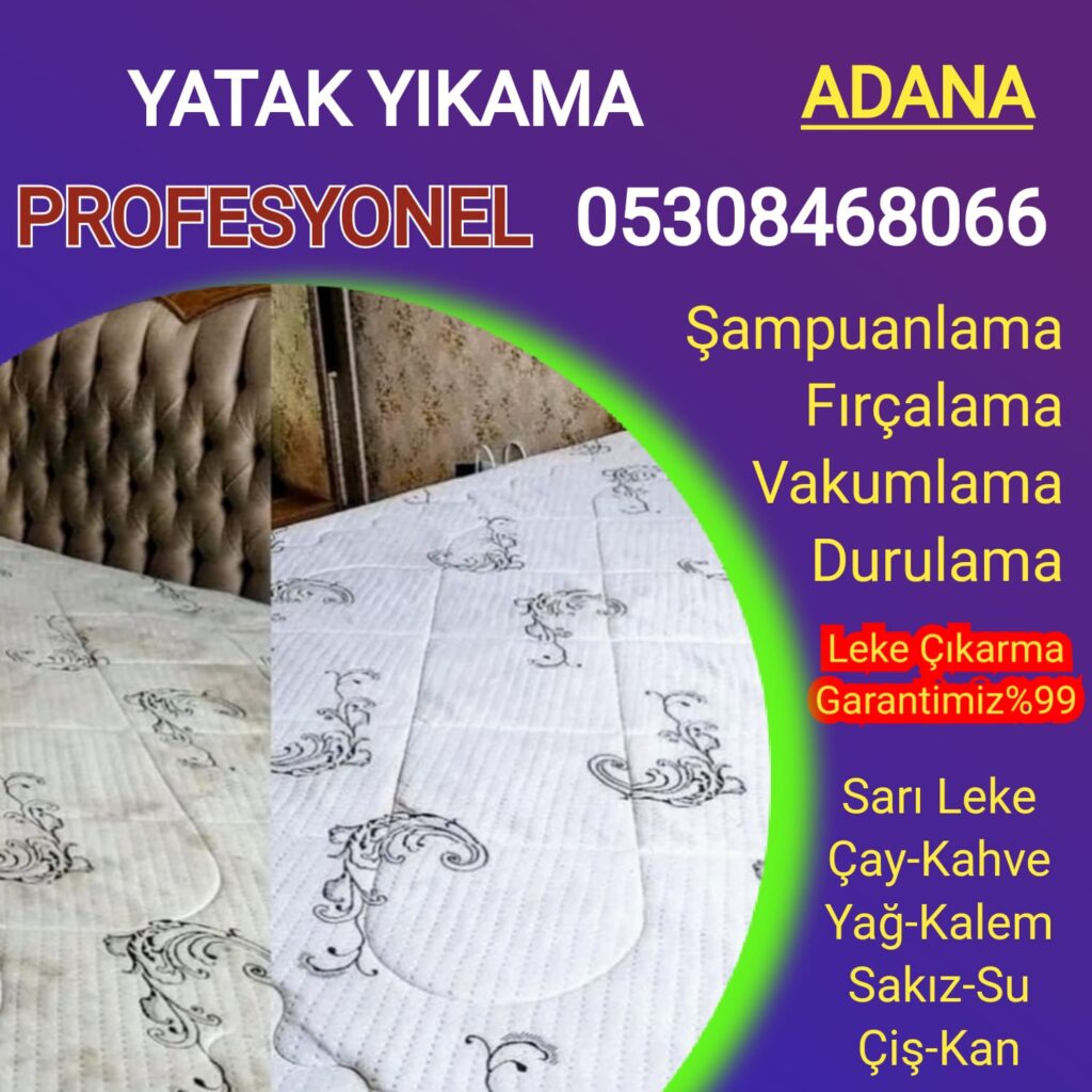 Adana'da yatak yıkama hizmetleri sunan Adasu Yatak Yıkama, yataklarınızdaki kir, leke ve kötü kokuları etkili bir şekilde temizler. Profesyonel ekiplerimiz ve gelişmiş temizlik tekniklerimizle, hem sağlığınızı hem de konforunuzu ön planda tutarak, size temiz ve ferah bir uyku alanı sunuyoruz. Yataklarınızın ömrünü uzatmak ve daha hijyenik bir uyku deneyimi yaşamak için Adasu Yatak Yıkama’yı tercih edin.